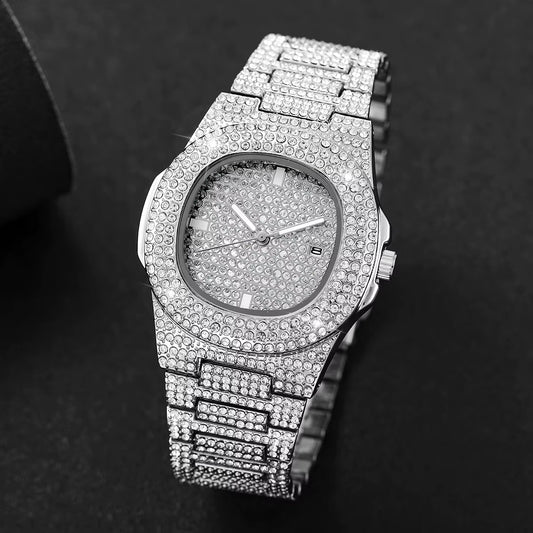 Luxury Full Diamond Men'S Stainless Steel Watches Male Sports Quartz Wristwatch with Calendar