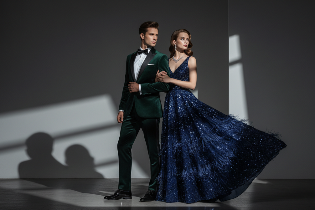 photo ad of a men and women wearing a luxury dress 